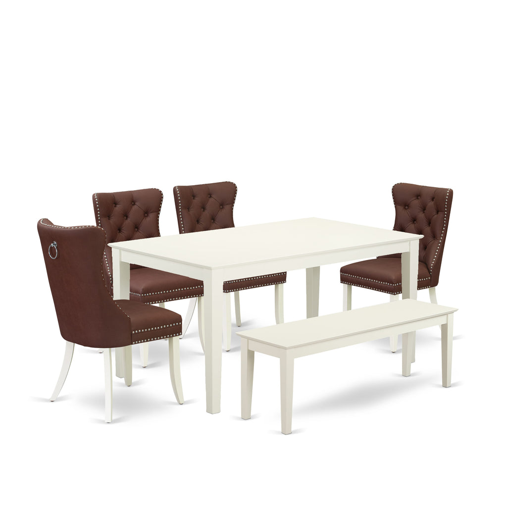 East West Furniture CADA6-LWH-26 6 Piece Dining Room Furniture Set Contains a Rectangle Kitchen Dining Table and 4 Parson Chairs with a Bench, 36x60 Inch, linen white