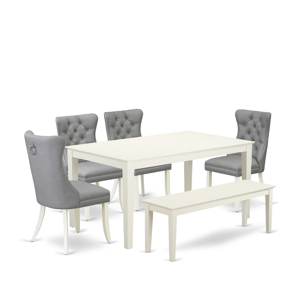 East West Furniture CADA6-LWH-27 6 Piece Dining Room Table Set Includes a Rectangle Kitchen Table and 4 Upholstered Chairs with a Bench, 36x60 Inch, linen white