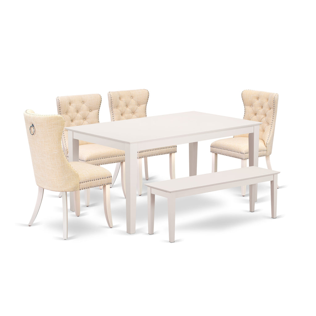 East West Furniture CADA6-LWH-32 6 Piece Kitchen Table & Chairs Set Includes a Rectangle Dining Table and 4 Padded Chairs with a Bench, 36x60 Inch, linen white