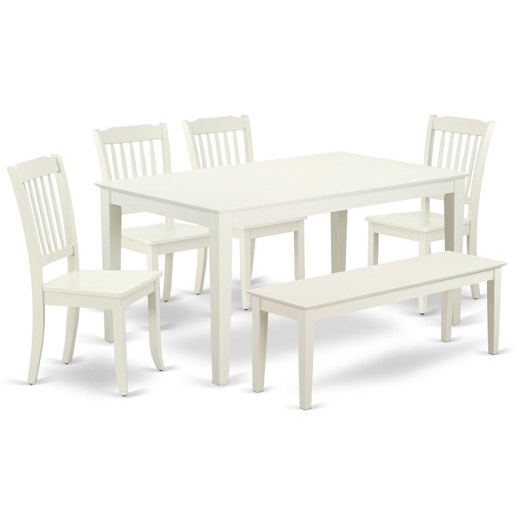 East West Furniture CADA6-LWH-W 6 Piece Dining Table Set Contains a Rectangle Kitchen Table and 4 Dining Chairs with a Bench, 36x60 Inch, Linen White