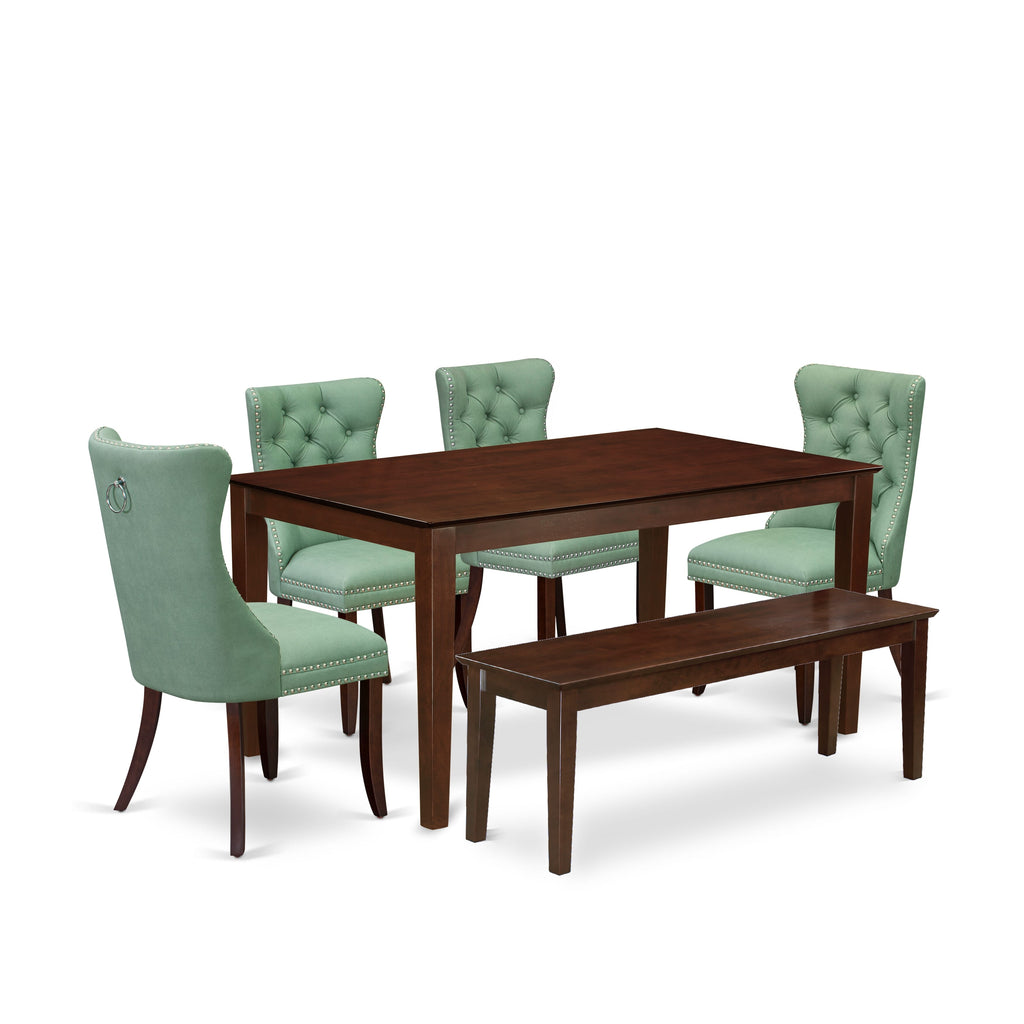 East West Furniture CADA6-MAH-22 6 Piece Dining Room Set Includes a Rectangle Kitchen Table and 4 Upholstered Chairs with a Bench, 36x60 Inch, Mahogany