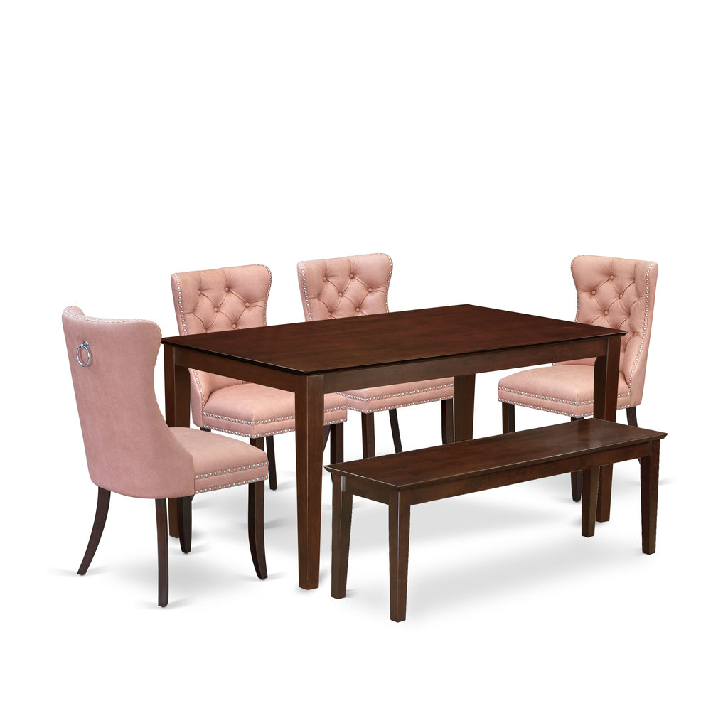 East West Furniture CADA6-MAH-23 6 Piece Dining Room Set Consists of a Rectangle Kitchen Table and 4 Upholstered Chairs with a Bench, 36x60 Inch, Mahogany