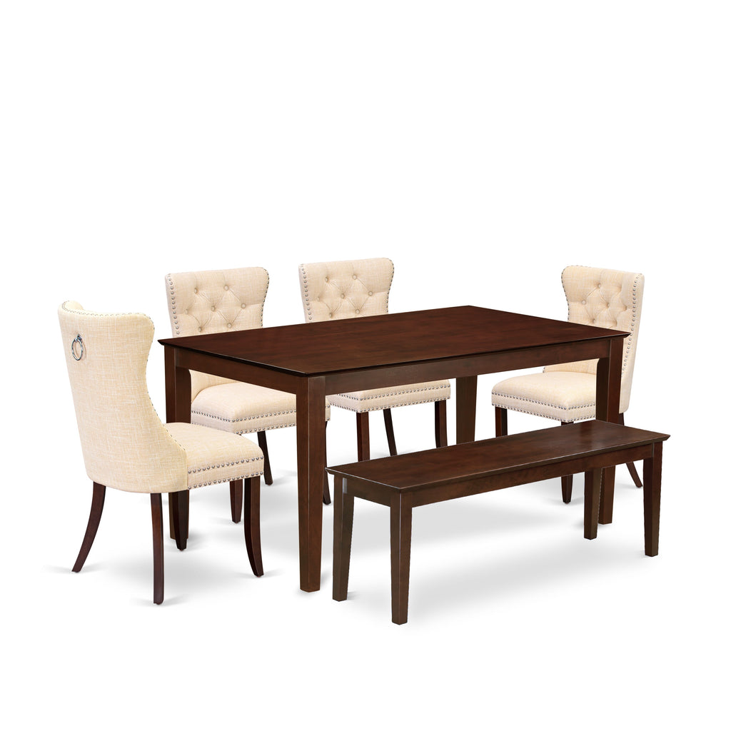 East West Furniture CADA6-MAH-32 6 Piece Kitchen Table Set Includes a Rectangle Dining Room Table and 4 Upholstered Chairs with a Bench, 36x60 Inch, Mahogany