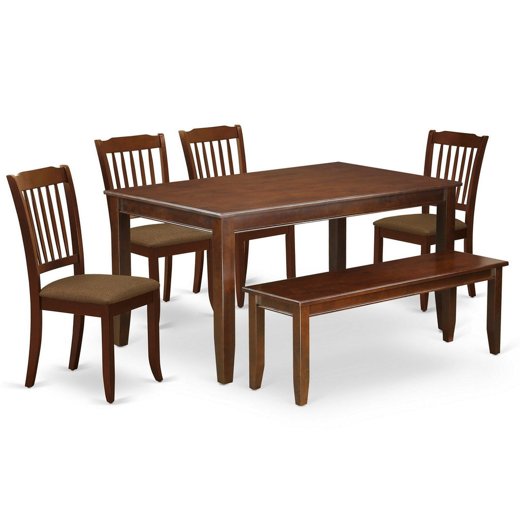 East West Furniture CADA6-MAH-C 6 Piece Dining Room Furniture Set Contains a Rectangle Kitchen Table and 4 Linen Fabric Dining Chairs with a Bench, 36x60 Inch, Mahogany