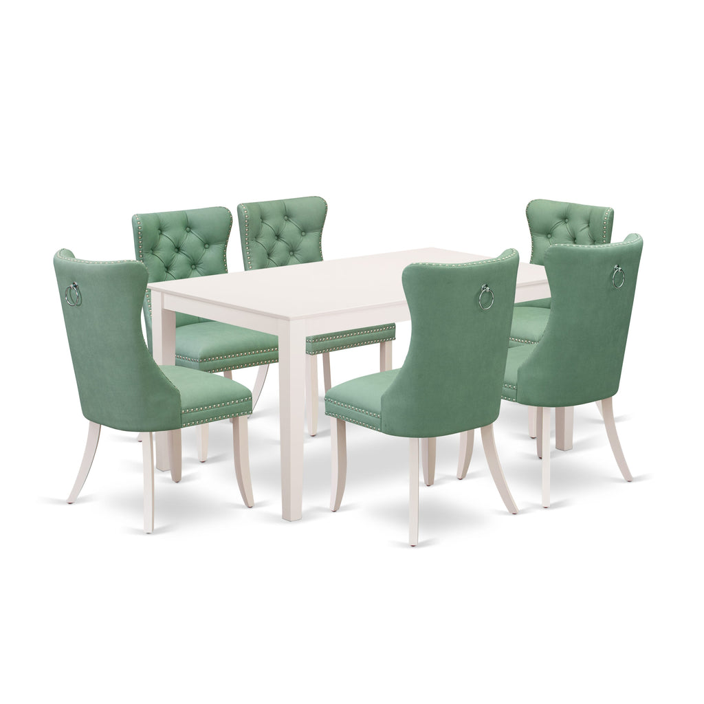 East West Furniture CADA7-LWH-22 7 Piece Modern Dining Table Set Includes a Rectangle Kitchen Table and 6 Upholstered Parson Chairs, 36x60 Inch, linen white