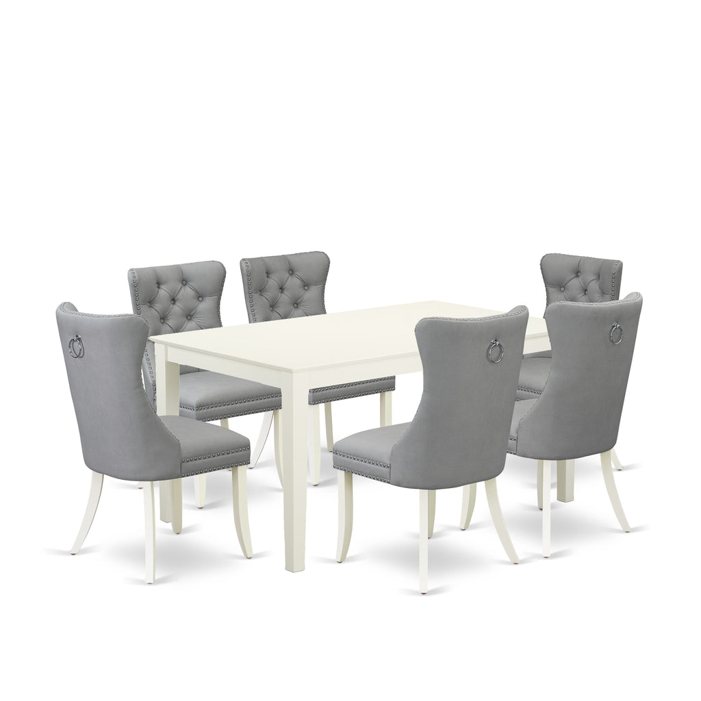 East West Furniture CADA7-LWH-27 7 Piece Dining Table Set Contains a Rectangle Modern Dinette Table and 6 Upholstered Parson Chairs, 36x60 Inch, linen white