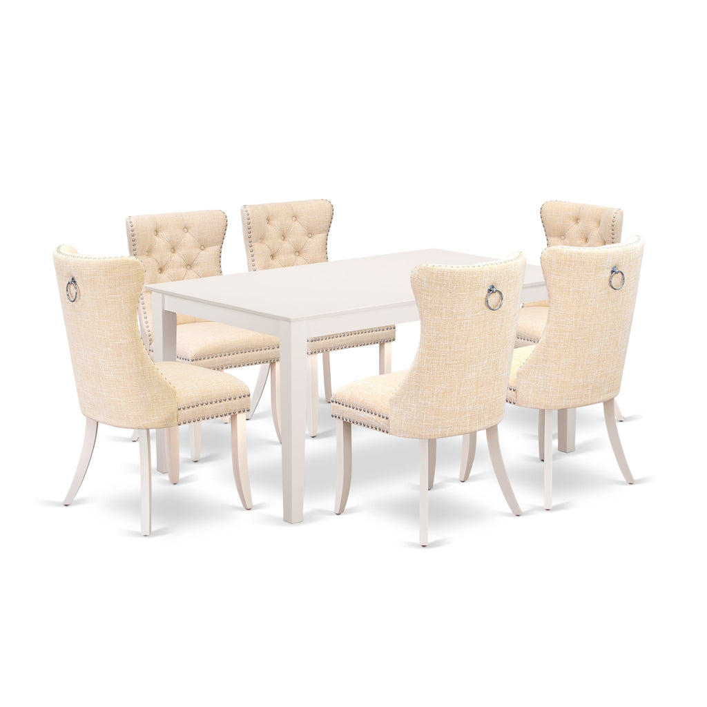 East West Furniture CADA7-LWH-32 7 Piece Dining Room Furniture Set Includes a Rectangle Solid Wood Table and 6 Upholstered Chairs, 36x60 Inch, linen white