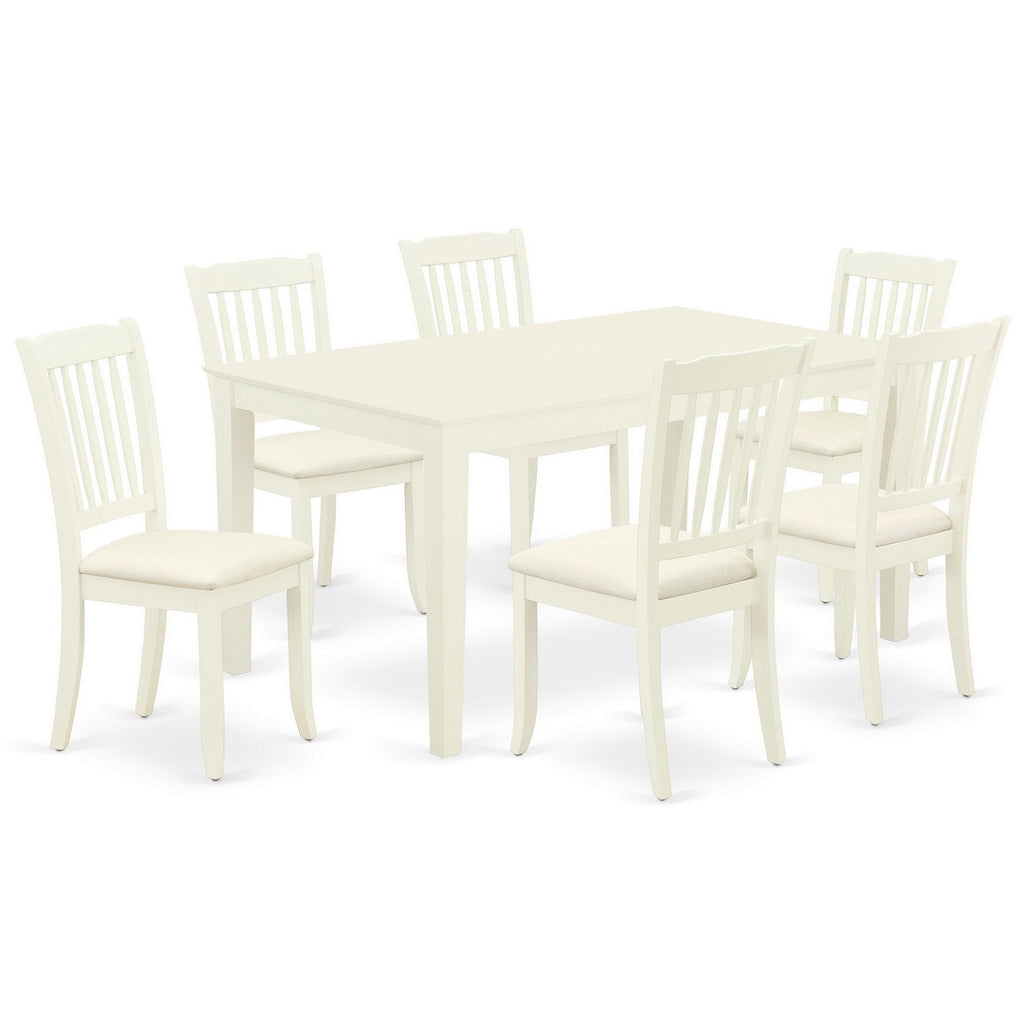 East West Furniture CADA7-LWH-C 7 Piece Kitchen Table & Chairs Set Consist of a Rectangle Dining Room Table and 6 Linen Fabric Upholstered Dining Chairs, 36x60 Inch, Linen White