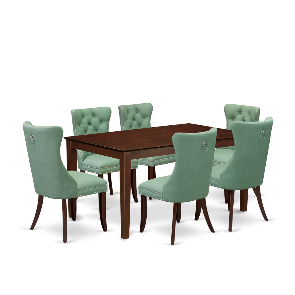 East West Furniture CADA7-MAH-22 7 Piece Modern Dining Table Set Includes a Rectangle Kitchen Table and 6 Upholstered Parson Chairs, 36x60 Inch, Mahogany