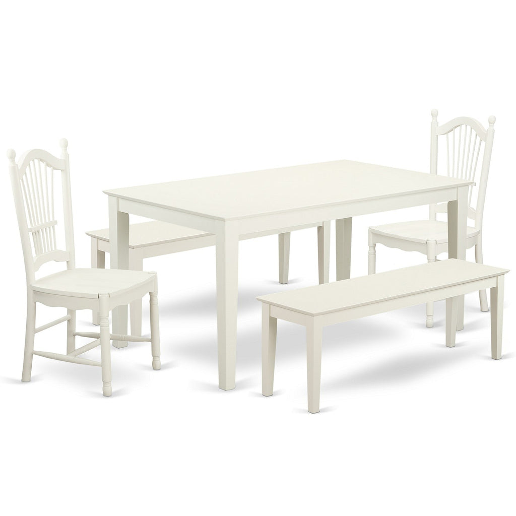 East West Furniture CADO5C-LWH-W 5 Piece Dinette Set for 4 Includes a Rectangle Dining Room Table and 2 Dining Chairs with 2 Benches, 36x60 Inch, Linen White