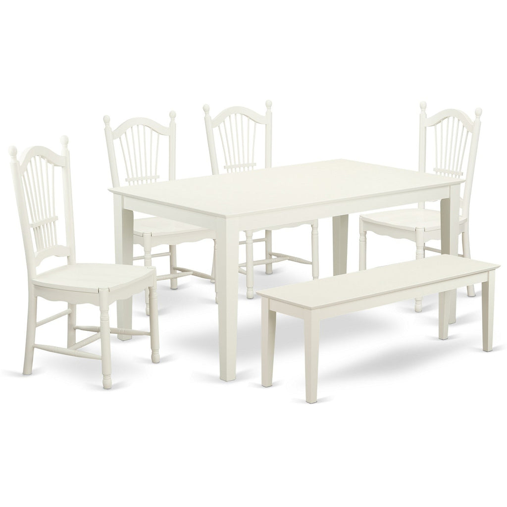 East West Furniture CADO6-LWH-W 6 Piece Modern Dining Table Set Contains a Rectangle Wooden Table and 4 Wooden Chairs with a Bench, 36x60 Inch, Linen White