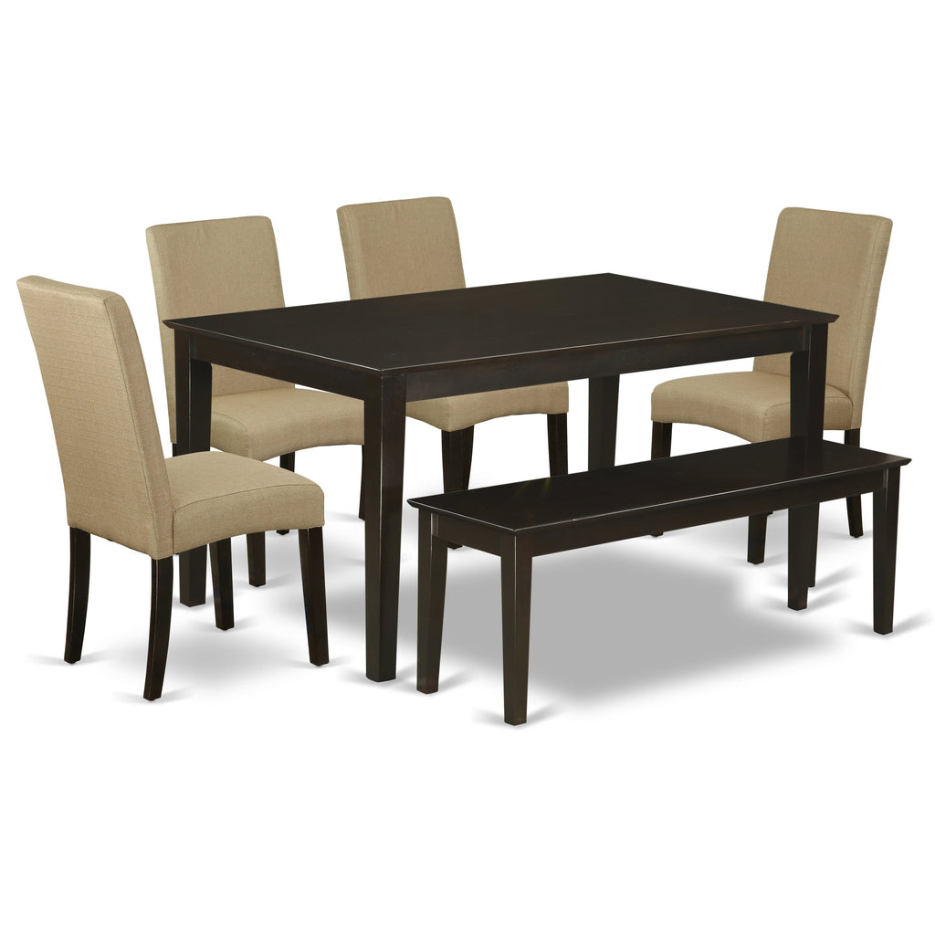 East West Furniture CADR6-CAP-03 6 Piece Dining Room Table Set Contains a Rectangle Kitchen Table and 4 Brown Linen Fabric Parson Chairs with a Bench, 36x60 Inch, Cappuccino