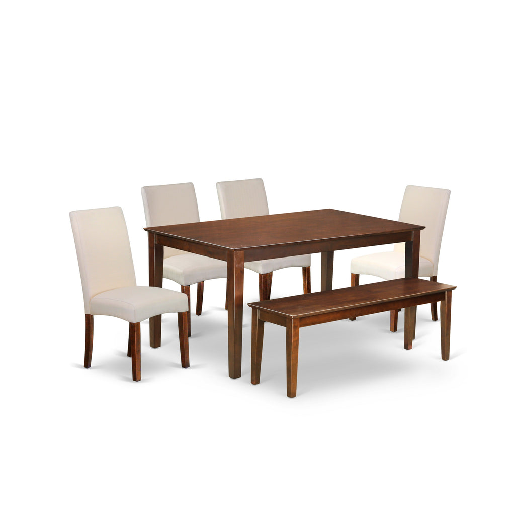 East West Furniture CADR6-MAH-01 6 Piece Kitchen Table & Chairs Set Contains a Rectangle Dining Room Table and 4 Cream Linen Fabric Parson Chairs with a Bench, 36x60 Inch, Mahogany
