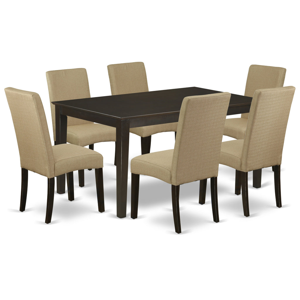 East West Furniture CADR7-CAP-03 7 Piece Dining Set Consist of a Rectangle Dining Room Table and 6 Brown Linen Fabric Upholstered Parson Chairs, 36x60 Inch, Cappuccino