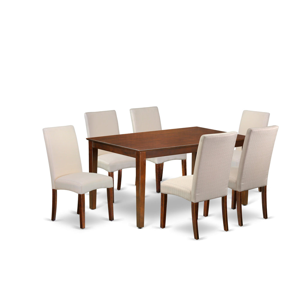 East West Furniture CADR7-MAH-01 7 Piece Dining Table Set Consist of a Rectangle Kitchen Table and 6 Cream Linen Fabric Parson Dining Chairs, 36x60 Inch, Mahogany