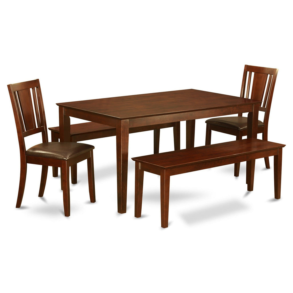 East West Furniture CADU5C-MAH-LC 5 Piece Dining Room Furniture Set Includes a Rectangle Kitchen Table and 2 Faux Leather Dining Chairs with 2 Benches, 36x60 Inch, Mahogany