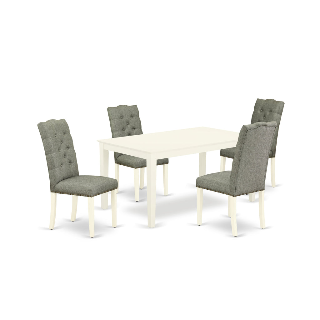 East West Furniture CAEL5-LWH-07 5 Piece Dining Table Set for 4 Includes a Rectangle Kitchen Table and 4 Gray Linen Fabric Upholstered Parson Chairs, 36x60 Inch, Linen White