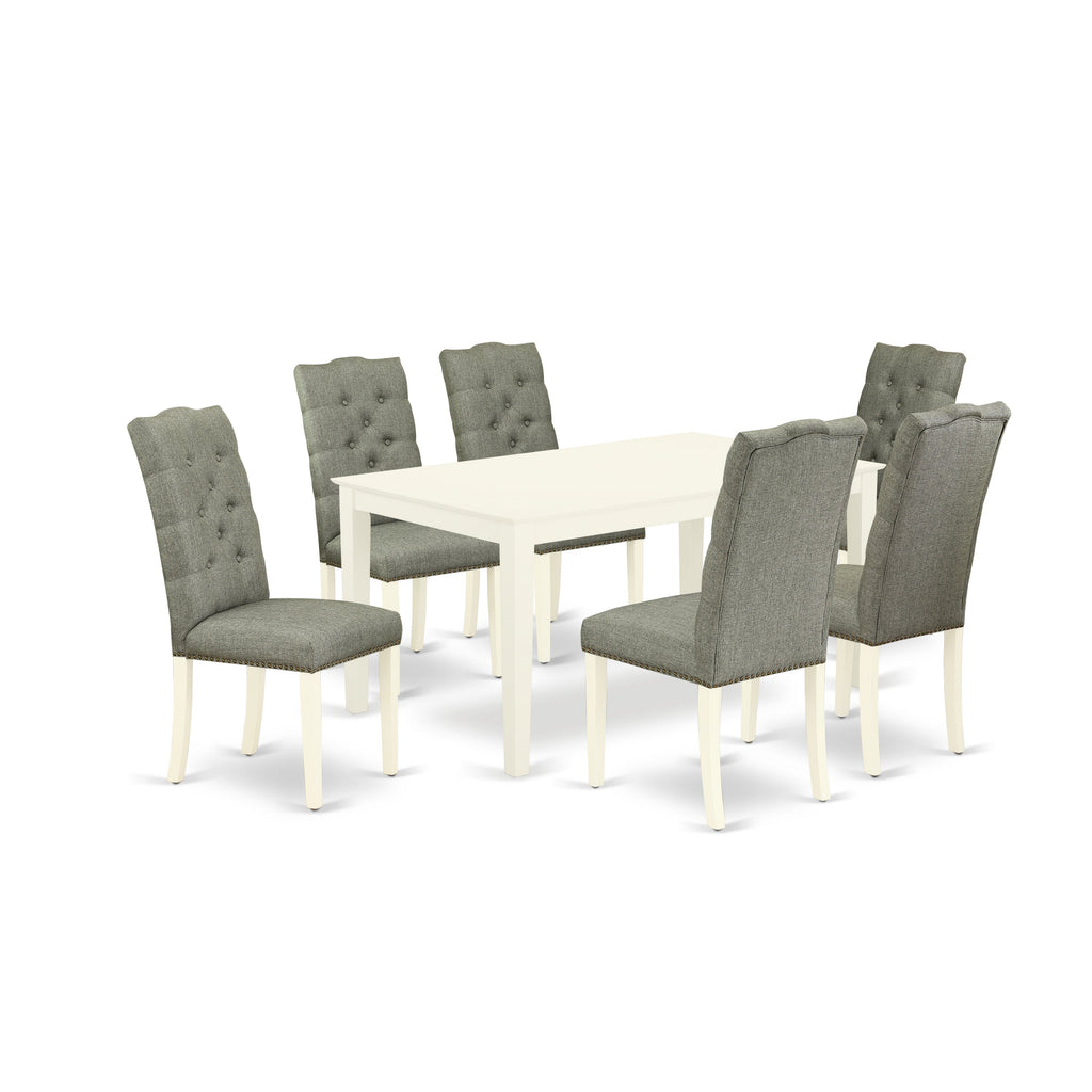 East West Furniture CAEL7-LWH-07 7 Piece Modern Dining Table Set Consist of a Rectangle Wooden Table and 6 Gray Linen Fabric Upholstered Chairs, 36x60 Inch, Linen White