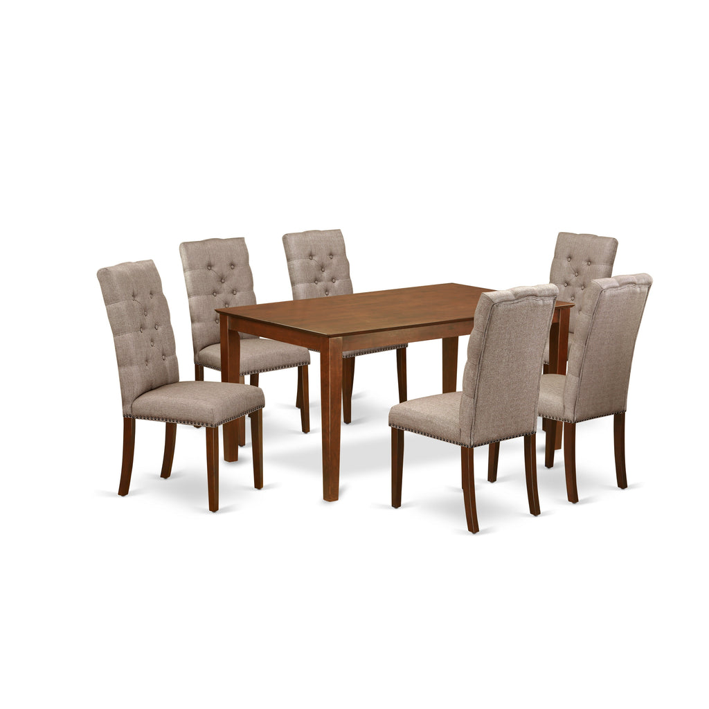 East West Furniture CAEL7-MAH-16 7 Piece Dining Room Table Set Consist of a Rectangle Wooden Table and 6 Dark Khaki Linen Fabric Upholstered Parson Chairs, 36x60 Inch, Mahogany