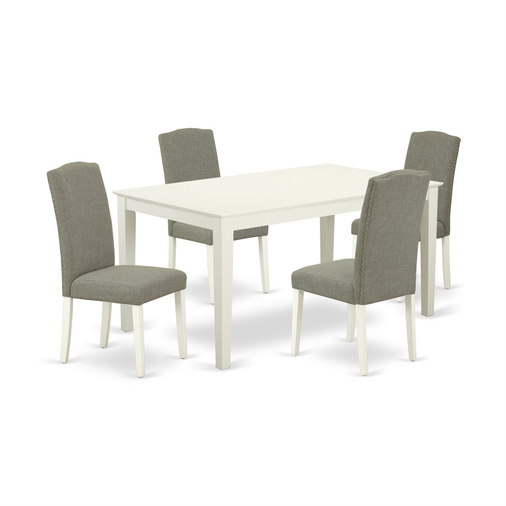 East West Furniture CAEN5-LWH-06 5 Piece Dining Room Furniture Set Includes a Rectangle Dining Table and 4 Dark Shitake Linen Fabric Upholstered Parson Chairs, 36x60 Inch, Linen White