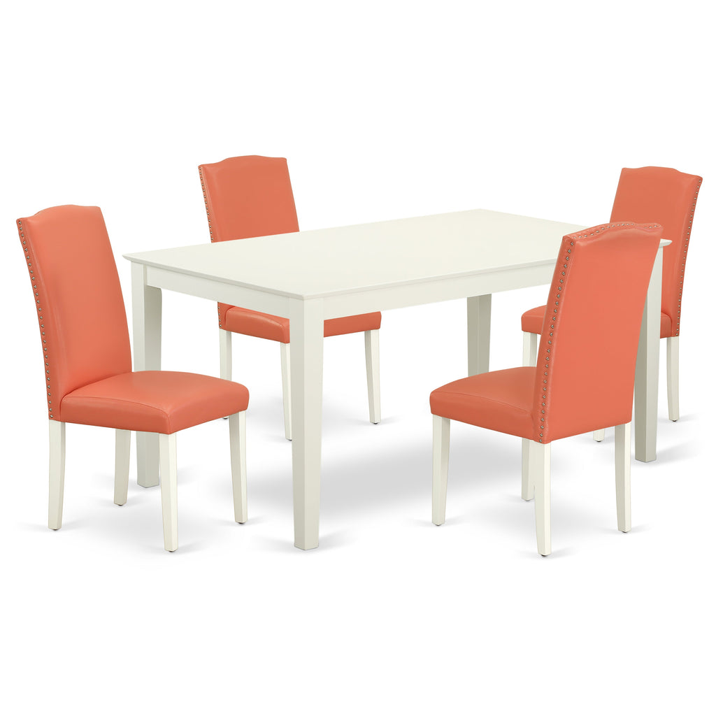 East West Furniture CAEN5-LWH-78 5 Piece Modern Dining Table Set Includes a Rectangle Wooden Table and 4 Pink Flamingo Faux Leather Upholstered Chairs, 36x60 Inch, Linen White