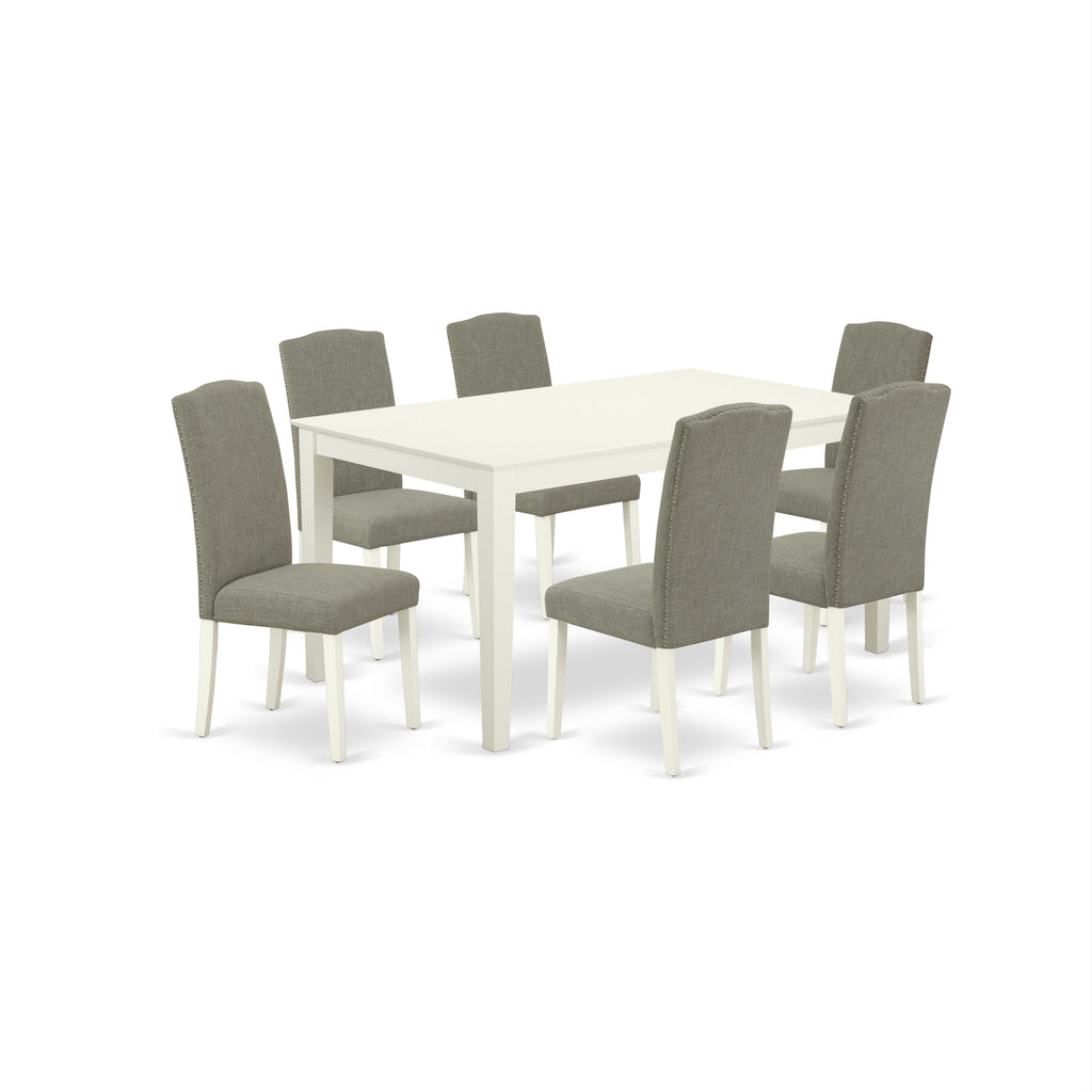 East West Furniture CAEN7-LWH-06 7 Piece Dining Room Furniture Set Consist of a Rectangle Dining Table and 6 Dark Shitake Linen Fabric Parsons Chairs, 36x60 Inch, Linen White