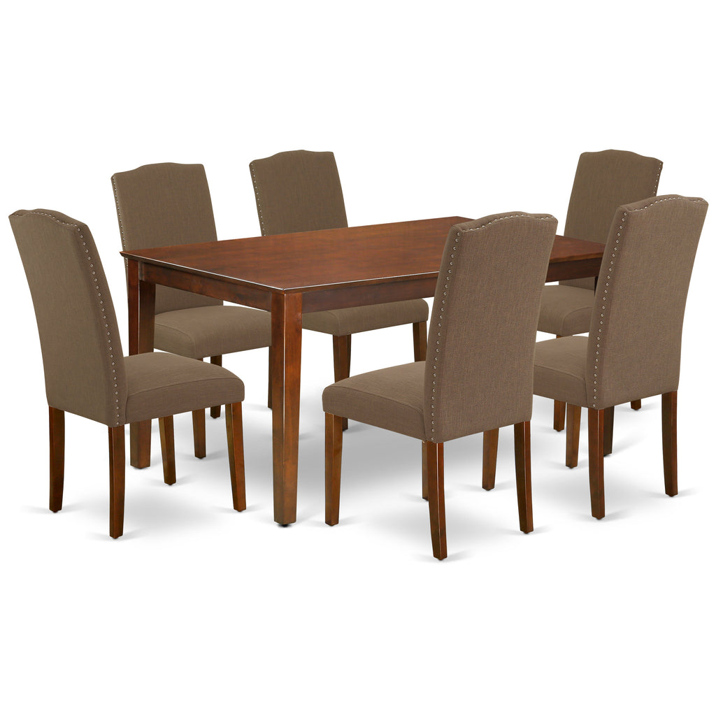East West Furniture CAEN7-MAH-18 7 Piece Dining Room Table Set Consist of a Rectangle Kitchen Table and 6 Dark Coffee Linen Fabric Parsons Dining Chairs, 36x60 Inch, Mahogany
