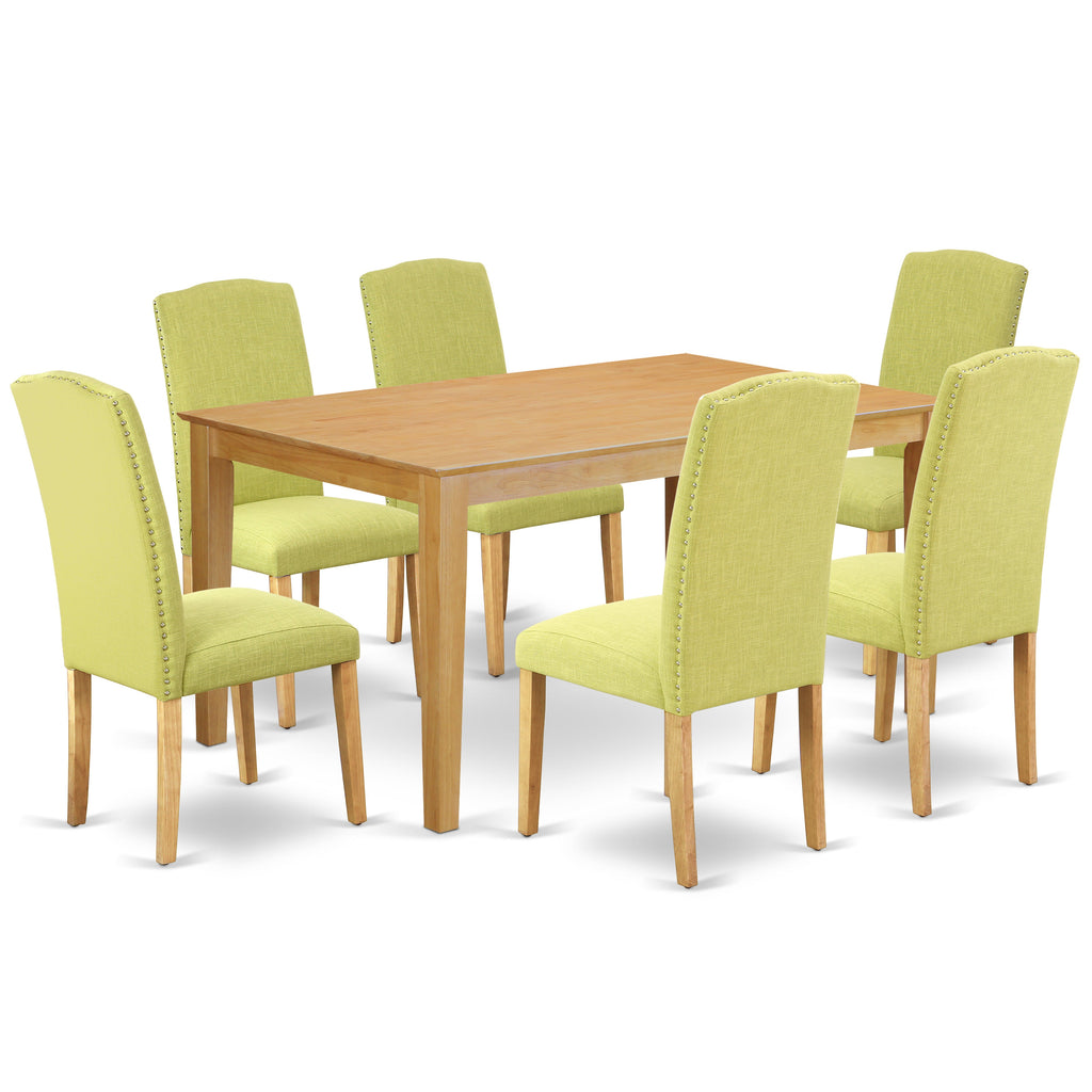 East West Furniture CAEN7-OAK-07 7 Piece Dining Table Set Consist of a Rectangle Kitchen Table and 6 Limelight Linen Fabric Parson Dining Chairs, 36x60 Inch, Oak