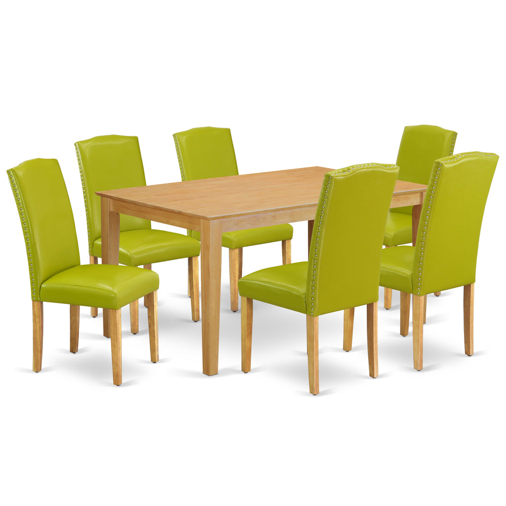 East West Furniture CAEN7-OAK-51 7 Piece Kitchen Table & Chairs Set Consist of a Rectangle Dining Room Table and 6 Autumn Green Faux Leather Parson Dining Chairs, 36x60 Inch, Oak