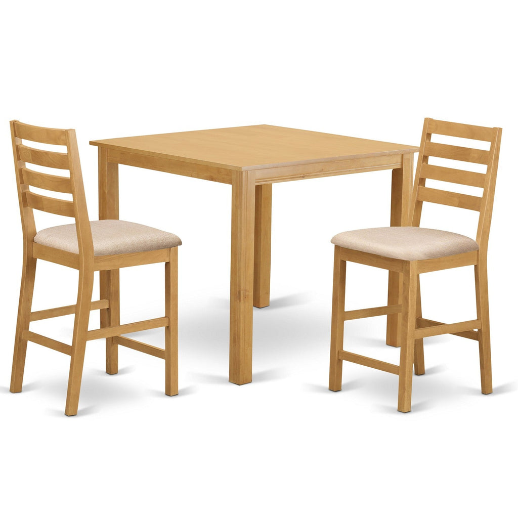 East West Furniture CAFE3-OAK-C 3 Piece Counter Height Dining Set for Small Spaces Contains a Square Dining Room Table and 2 Linen Fabric Upholstered Chairs, 42x42 Inch, Oak