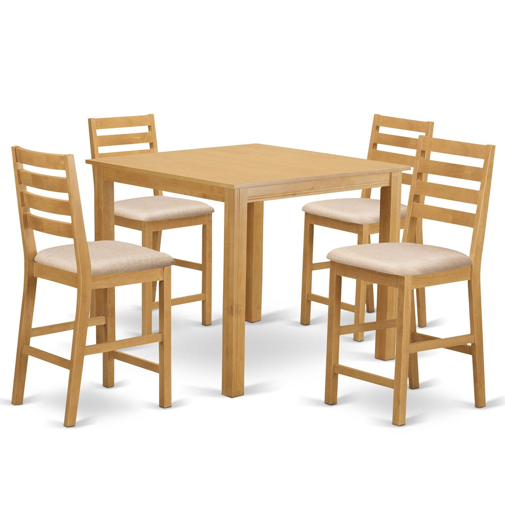 East West Furniture CAFE5-OAK-C 5 Piece Counter Height Pub Set Includes a Square Dining Table and 4 Linen Fabric Dining Room Chairs, 42x42 Inch, Oak
