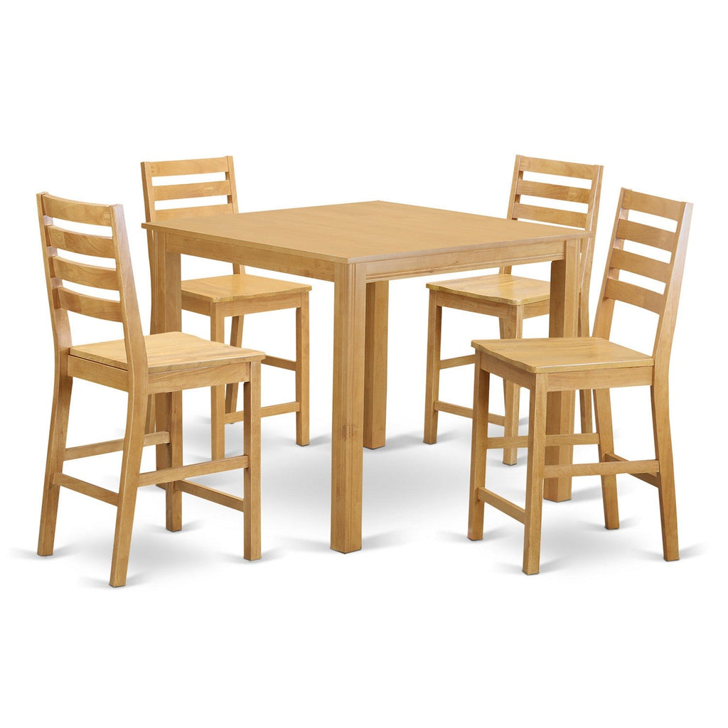 East West Furniture CAFE5-OAK-W 5 Piece Counter Height Pub Set Includes a Square Dining Room Table and 4 Kitchen Chairs, 42x42 Inch, Oak