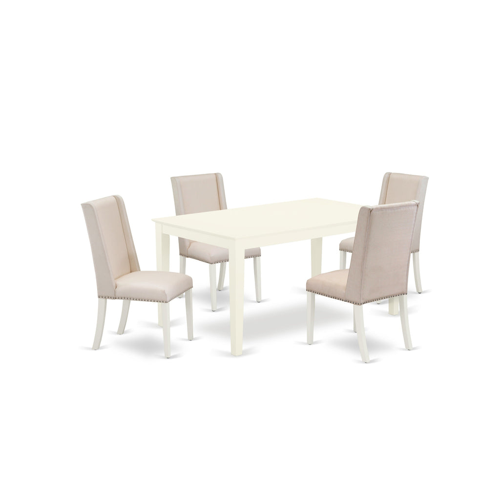 East West Furniture CAFL5-LWH-01 5 Piece Dinette Set for 4 Includes a Rectangle Dining Table and 4 Cream Linen Fabric Parson Dining Room Chairs, 36x60 Inch, Linen White