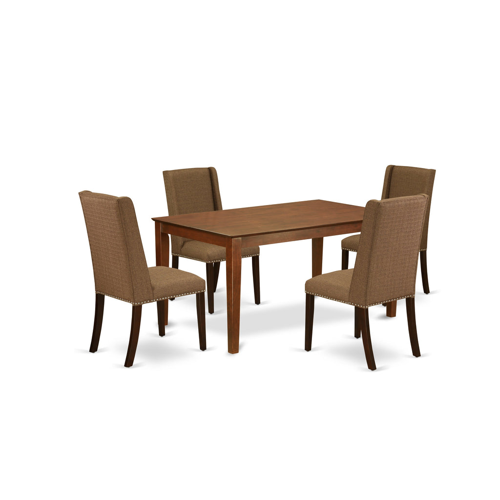 East West Furniture CAFL5-MAH-18 5 Piece Dining Room Furniture Set Includes a Rectangle Dining Table and 4 Brown Linen Linen Fabric Parsons Chairs, 36x60 Inch, Mahogany