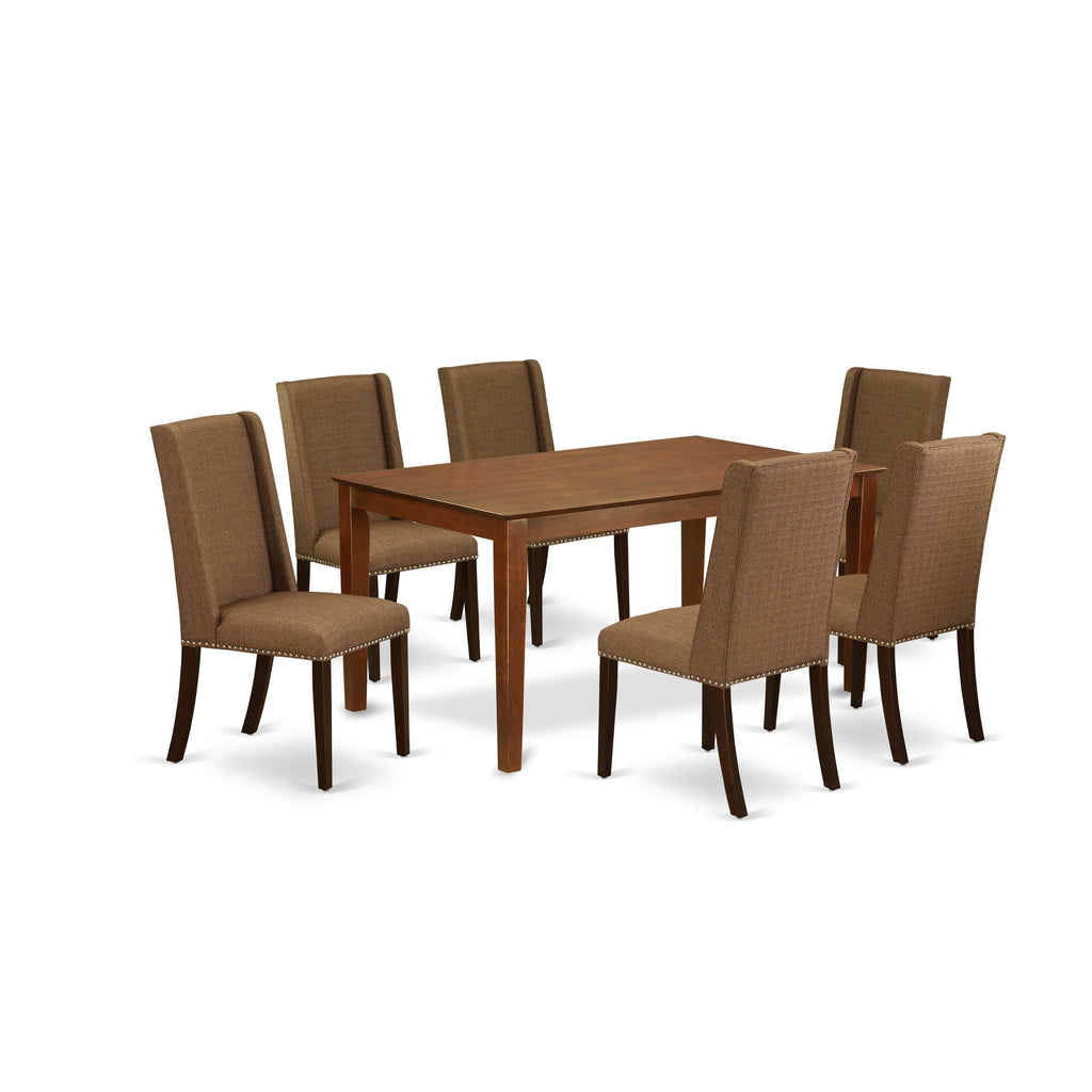 East West Furniture CAFL7-MAH-18 7 Piece Kitchen Table Set Consist of a Rectangle Dining Table and 6 Brown Linen Linen Fabric Parson Dining Room Chairs, 36x60 Inch, Mahogany