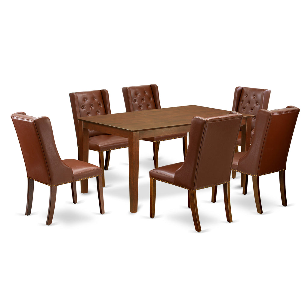 East West Furniture CAFO7-MAH-46 7 Piece Modern Dining Table Set Consist of a Rectangle Wooden Table and 6 Brown Faux Faux Leather Parson Dining Chairs, 36x60 Inch, Mahogany