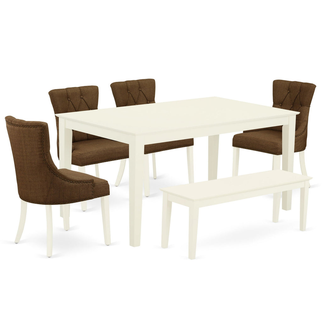 East West Furniture CAFR6-LWH-18 6 Piece Dining Set Contains a Rectangle Dining Room Table and 4 Brown Linen Linen Fabric Parson Chairs with a Bench, 36x60 Inch, Linen White