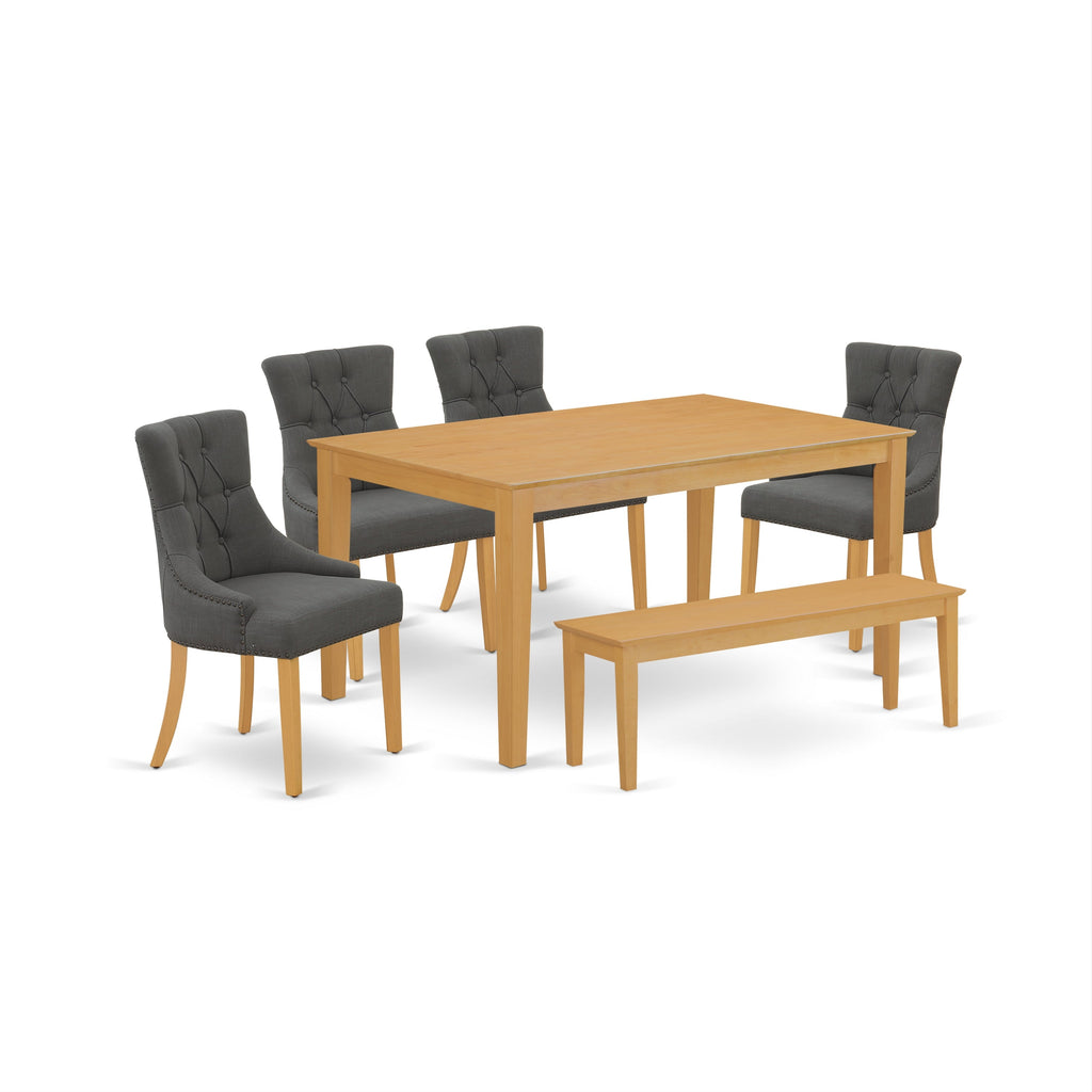 East West Furniture CAFR6-OAK-20 6 Piece Dining Set Contains a Rectangle Dining Room Table and 4 Dark Gotham Linen Fabric Parson Chairs with a Bench, 36x60 Inch, Oak