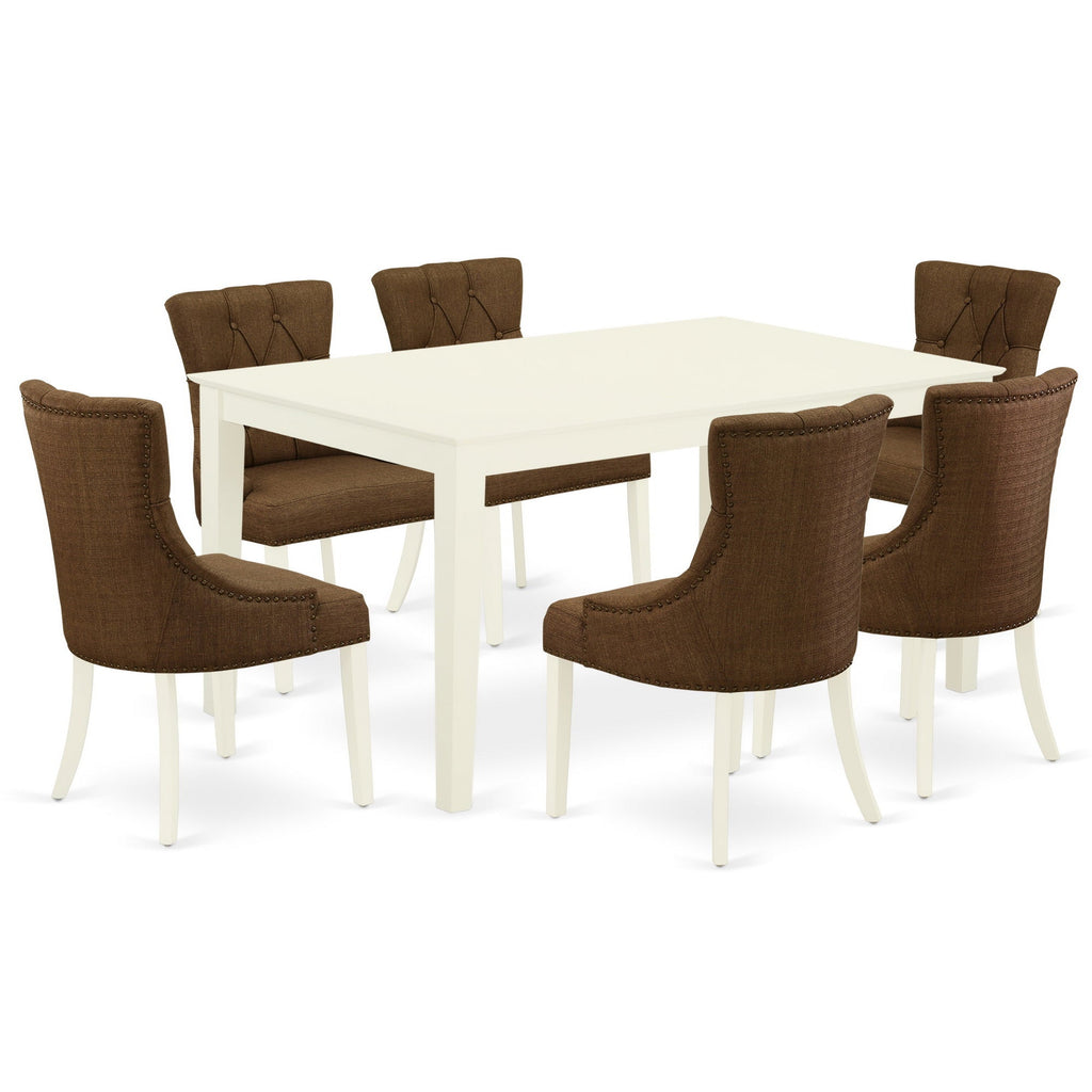 East West Furniture CAFR7-LWH-18 7 Piece Modern Dining Table Set Consist of a Rectangle Wooden Table and 6 Brown Linen Linen Fabric Upholstered Chairs, 36x60 Inch, Linen White