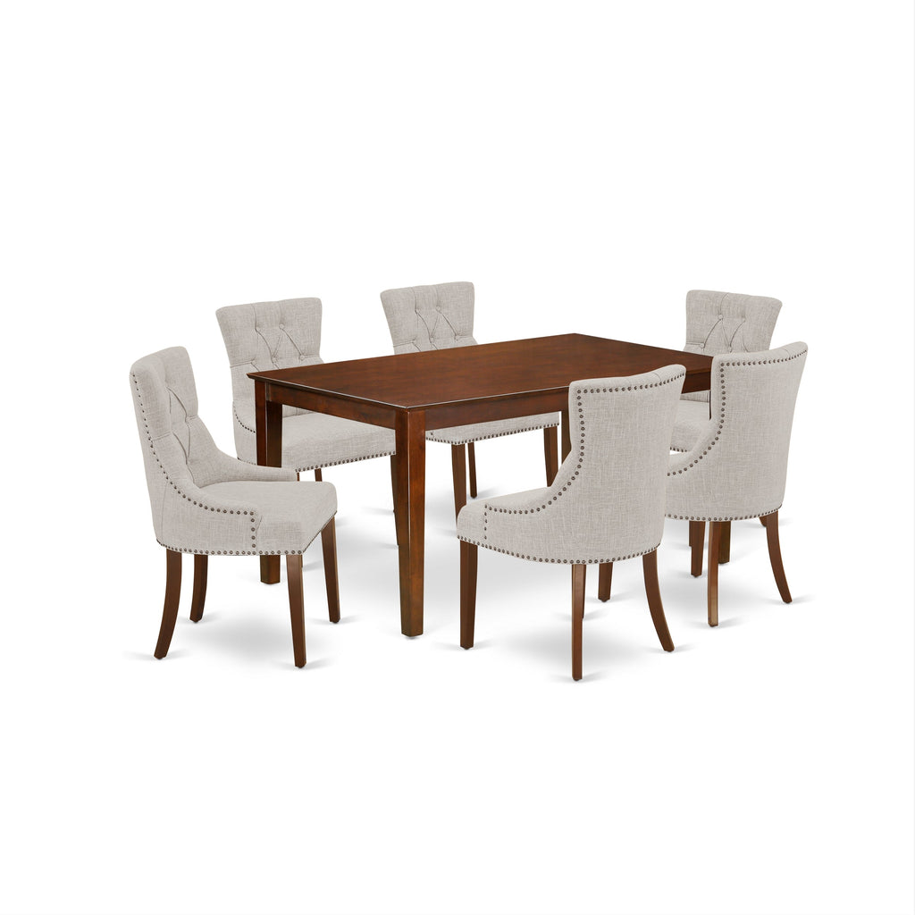 East West Furniture CAFR7-MAH-05 7 Piece Dining Table Set Consist of a Rectangle Kitchen Table and 6 Doeskin Linen Fabric Upholstered Parson Chairs, 36x60 Inch, Mahogany