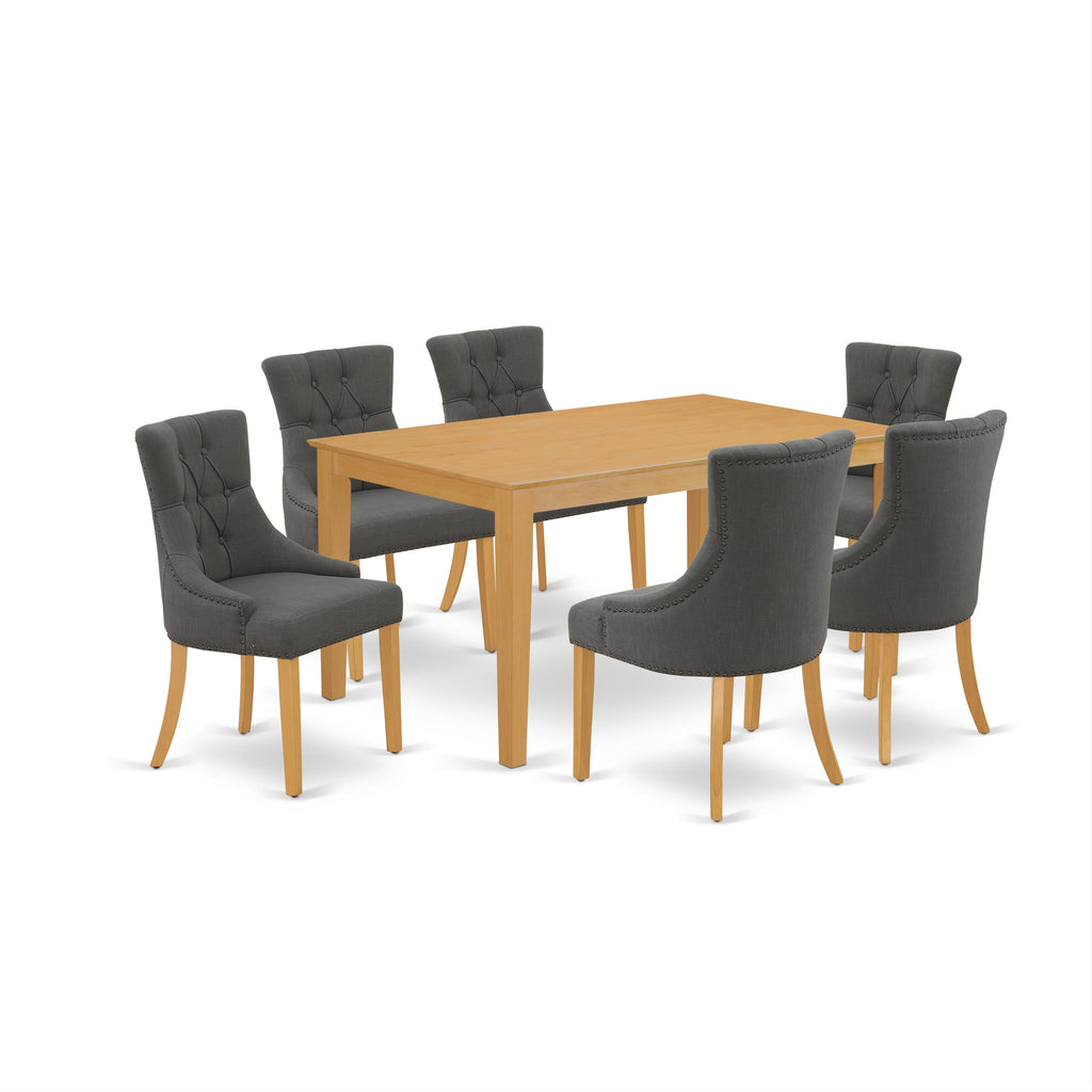 East West Furniture CAFR7-OAK-20 7 Piece Dining Room Furniture Set Consist of a Rectangle Dining Table and 6 Dark Gotham Linen Fabric Parsons Chairs, 36x60 Inch, Oak