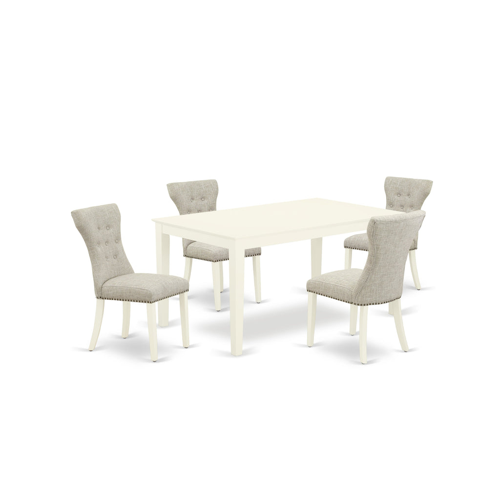 East West Furniture CAGA5-LWH-35 5 Piece Dining Room Table Set Includes a Rectangle Kitchen Table and 4 Doeskin Linen Fabric Parsons Dining Chairs, 36x60 Inch, Linen White