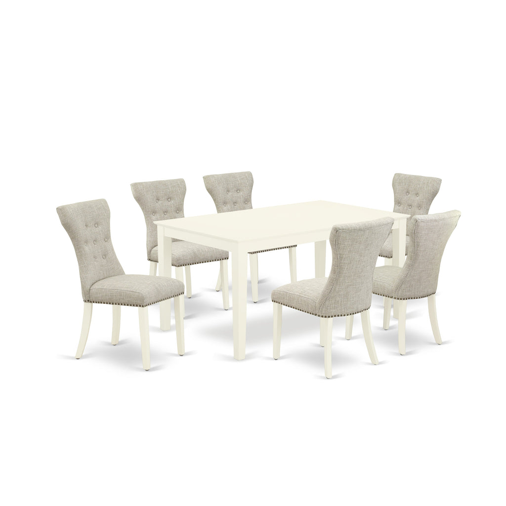 East West Furniture CAGA7-LWH-35 7 Piece Dinette Set Consist of a Rectangle Dining Room Table and 6 Doeskin Linen Fabric Upholstered Parson Chairs, 36x60 Inch, Linen White