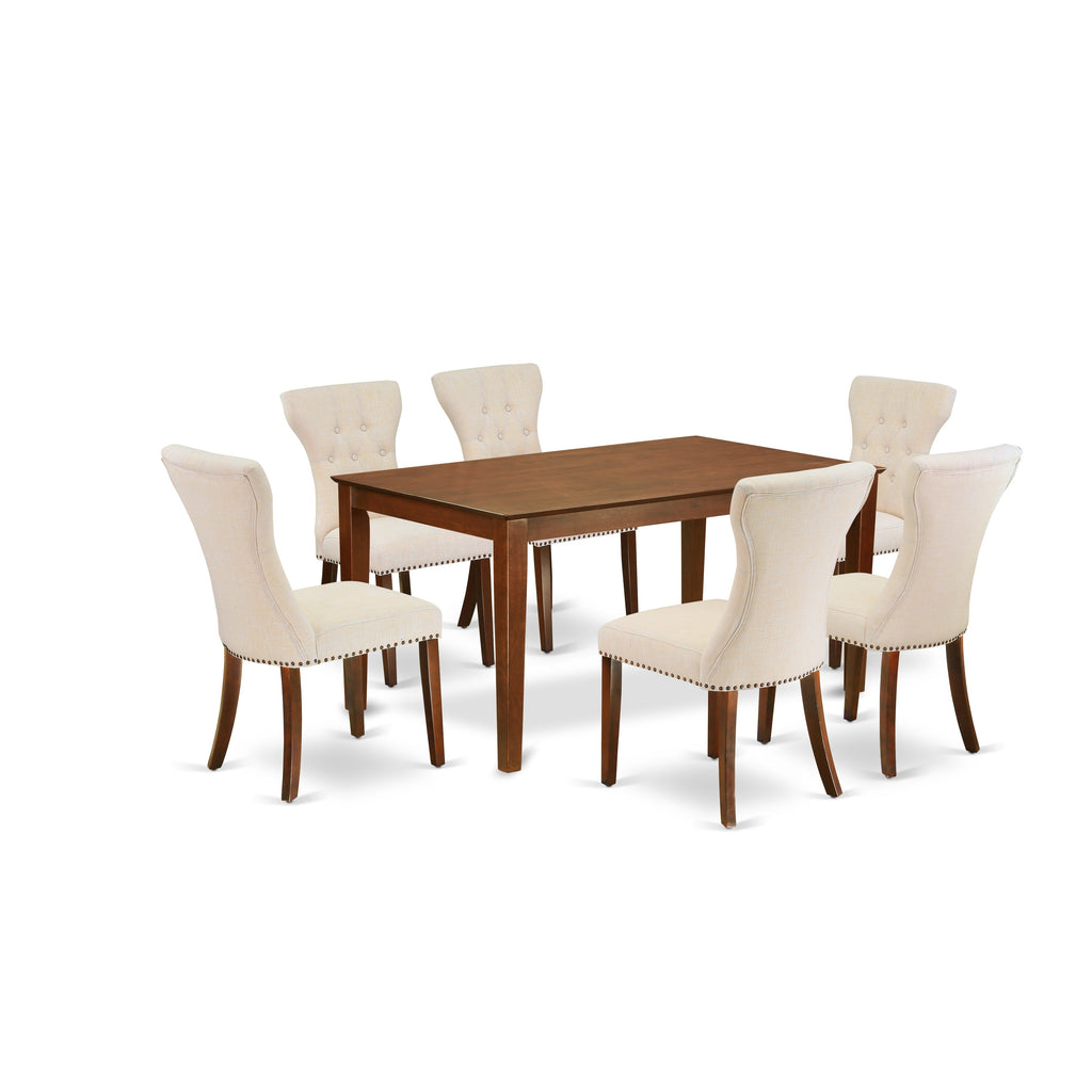 East West Furniture CAGA7-MAH-32 7 Piece Kitchen Table & Chairs Set Consist of a Rectangle Dining Room Table and 6 Light Beige Linen Fabric Parsons Dining Chairs, 36x60 Inch, Mahogany