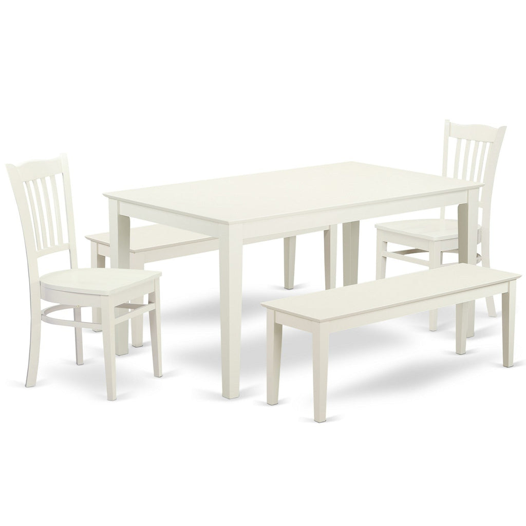 East West Furniture CAGR5C-LWH-W 5 Piece Dining Table Set for 4 Includes a Rectangle Kitchen Table and 2 Dining Chairs with 2 Benches, 36x60 Inch, Linen White