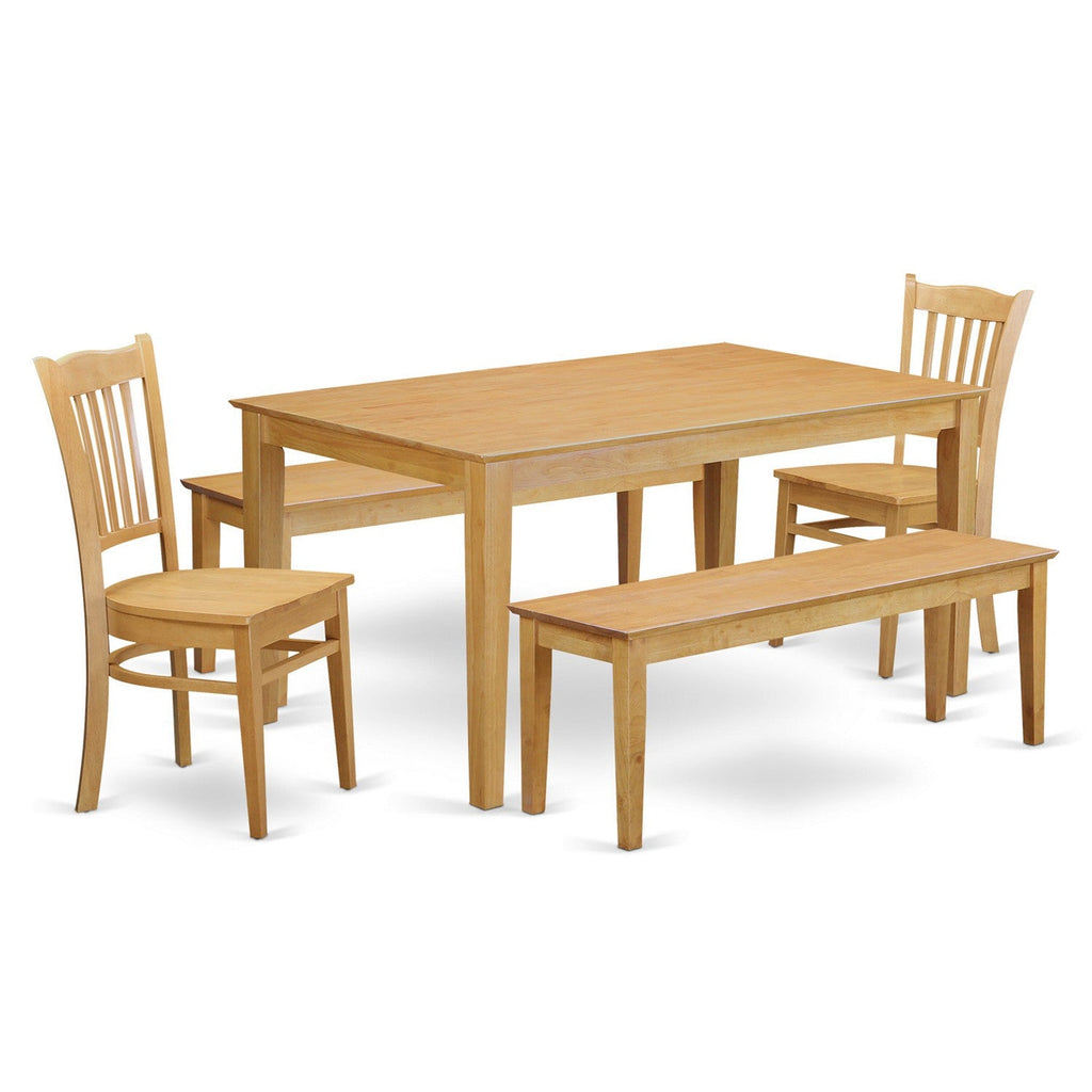 East West Furniture CAGR5C-OAK-W 5 Piece Kitchen Table & Chairs Set Includes a Rectangle Dining Room Table and 2 Dining Chairs with 2 Benches, 36x60 Inch, Oak