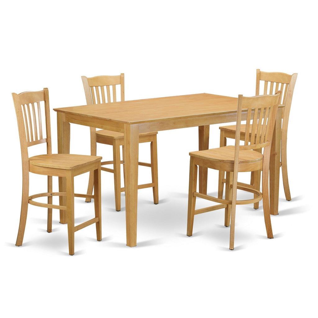 East West Furniture CAGR5H-OAK-W 5 Piece Counter Height Dining Set Includes a Rectangle Dinette Table and 4 Kitchen Dining Chairs, 36x60 Inch, Oak