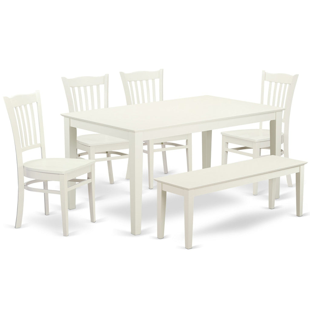 East West Furniture CAGR6-LWH-W 6 Piece Dining Set Contains a Rectangle Solid Wood Table and 4 Kitchen Chairs with a Bench, 36x60 Inch, Linen White