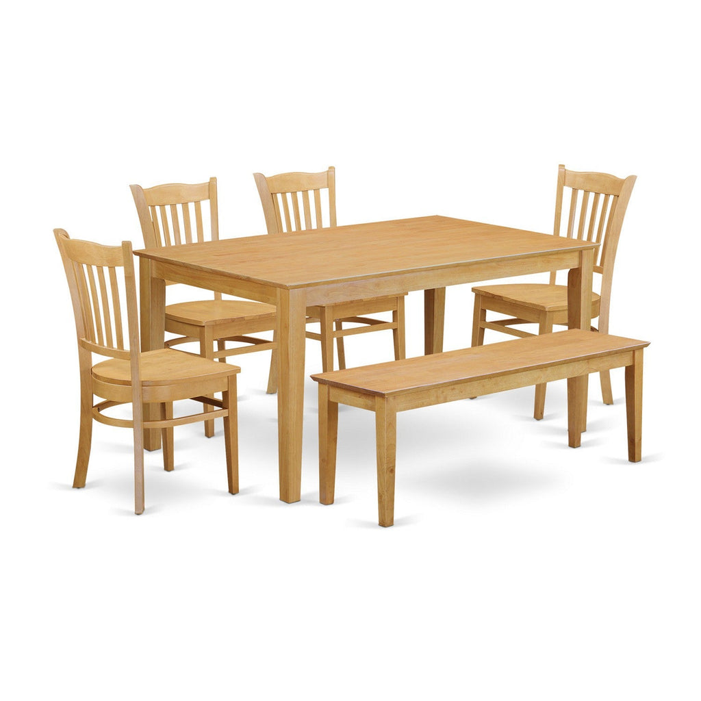 East West Furniture CAGR6-OAK-W 6 Piece Dining Room Table Set Contains a Rectangle Kitchen Table and 4 Dining Chairs with a Bench, 36x60 Inch, Oak