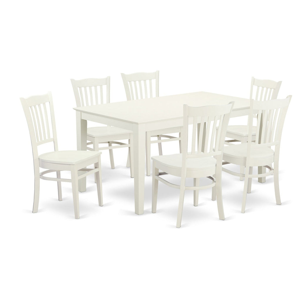 East West Furniture CAGR7-LWH-W 7 Piece Dining Room Furniture Set Consist of a Rectangle Dining Table and 6 Wood Seat Chairs, 36x60 Inch, Linen White